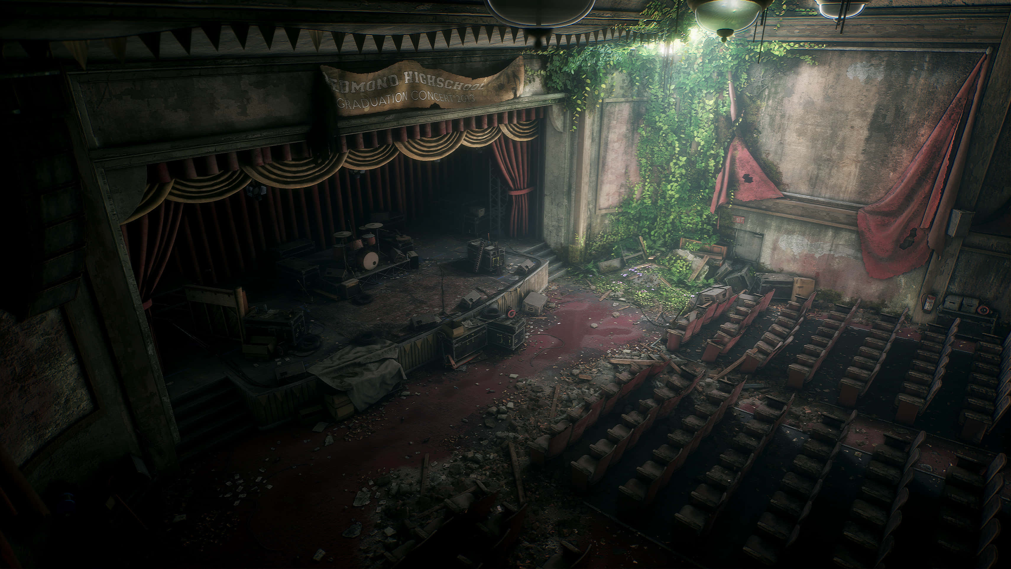 abandoned theater, post-apocalyptic setting, broken seats, 2K Desktop Wallpaper