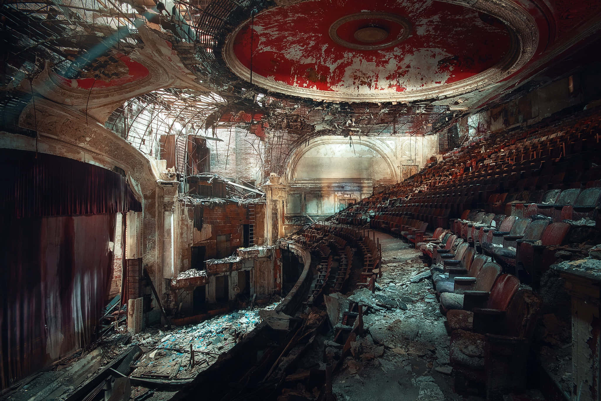 abandoned theater, crumbling red ceiling, peeling paint, Full HD Desktop Wallpaper