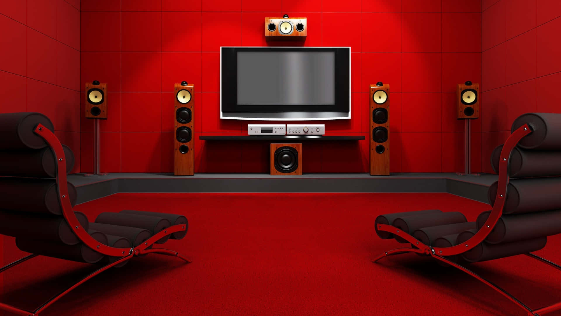 red interior, home theater, bold red walls, Full HD Desktop Wallpaper