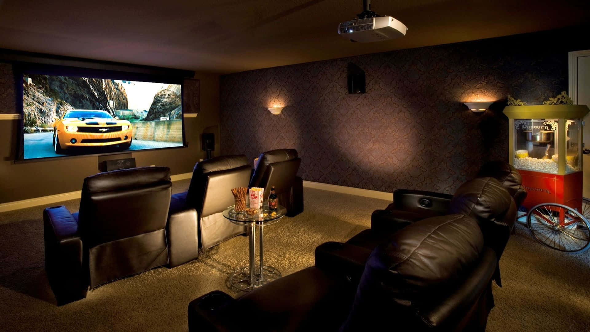 home theater, leather recliners, large screen, Full HD Desktop Wallpaper