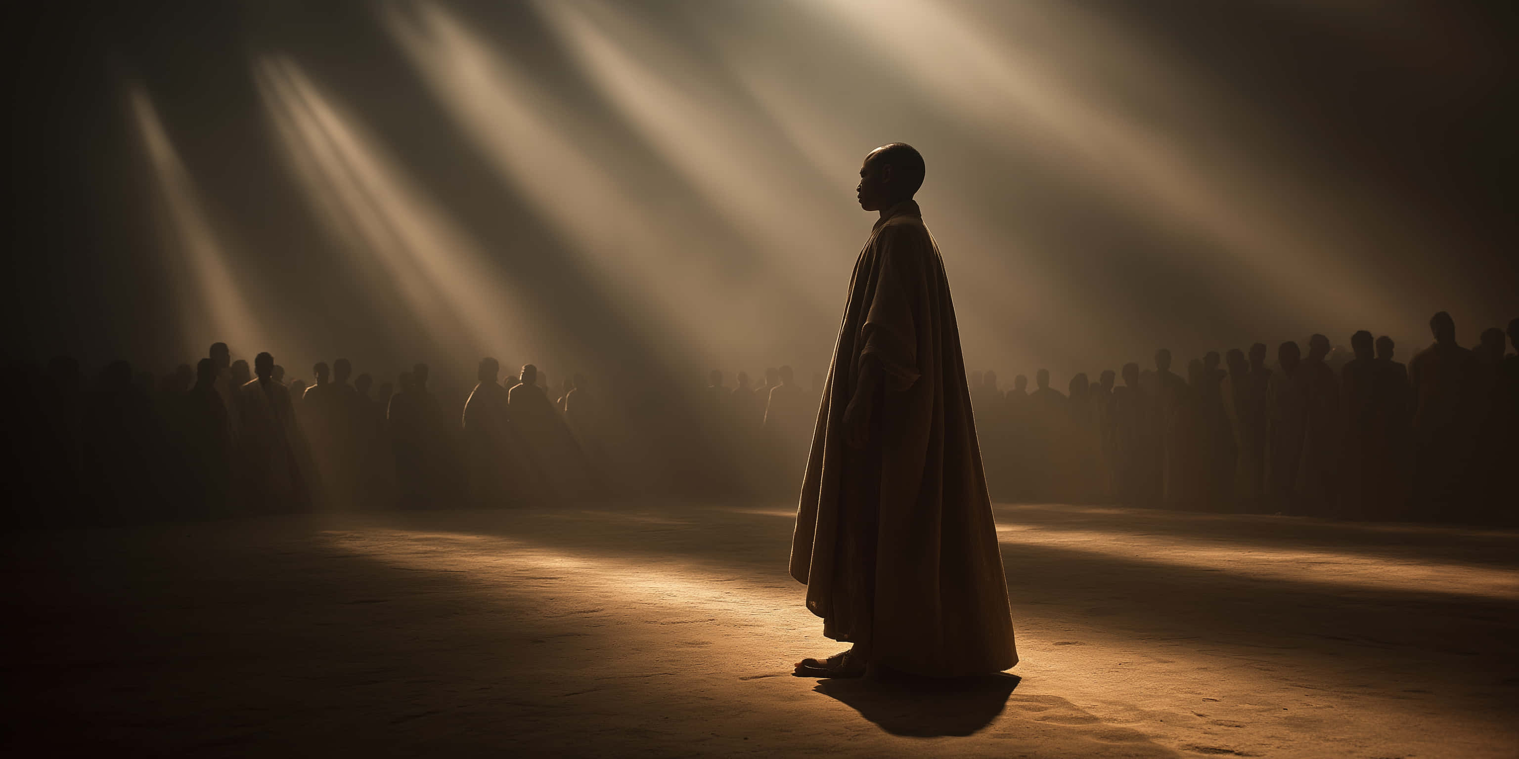 monk, golden light beams, crowd, 2K Desktop Wallpaper