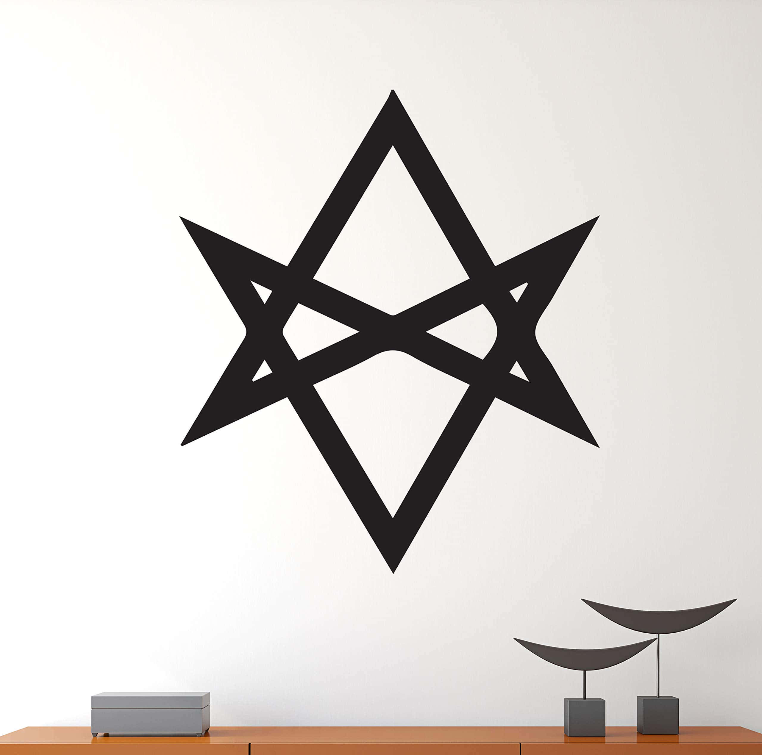Thelema, black geometric star decal, plain white wall, 2K Desktop Wallpaper