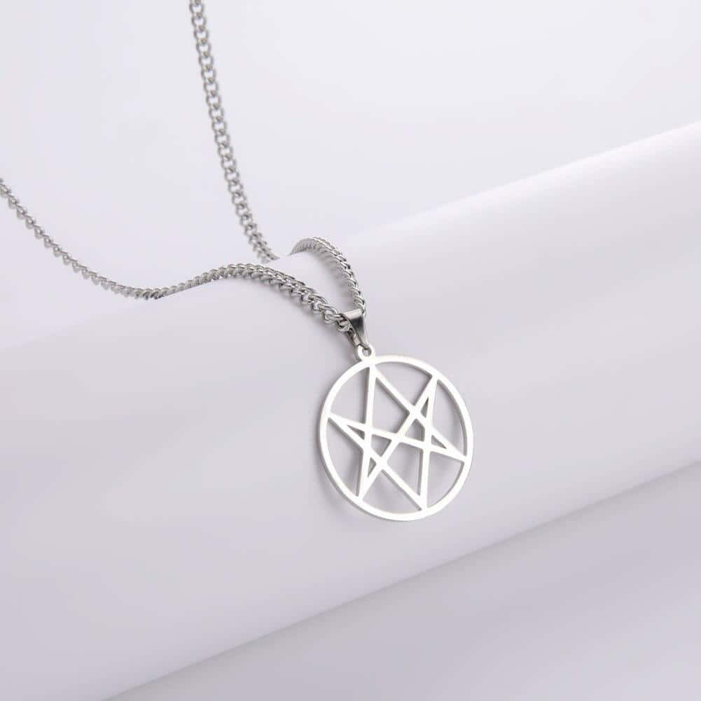 Thelema 1001, silver pentagram pendant necklace, white surface, SD Desktop Wallpaper