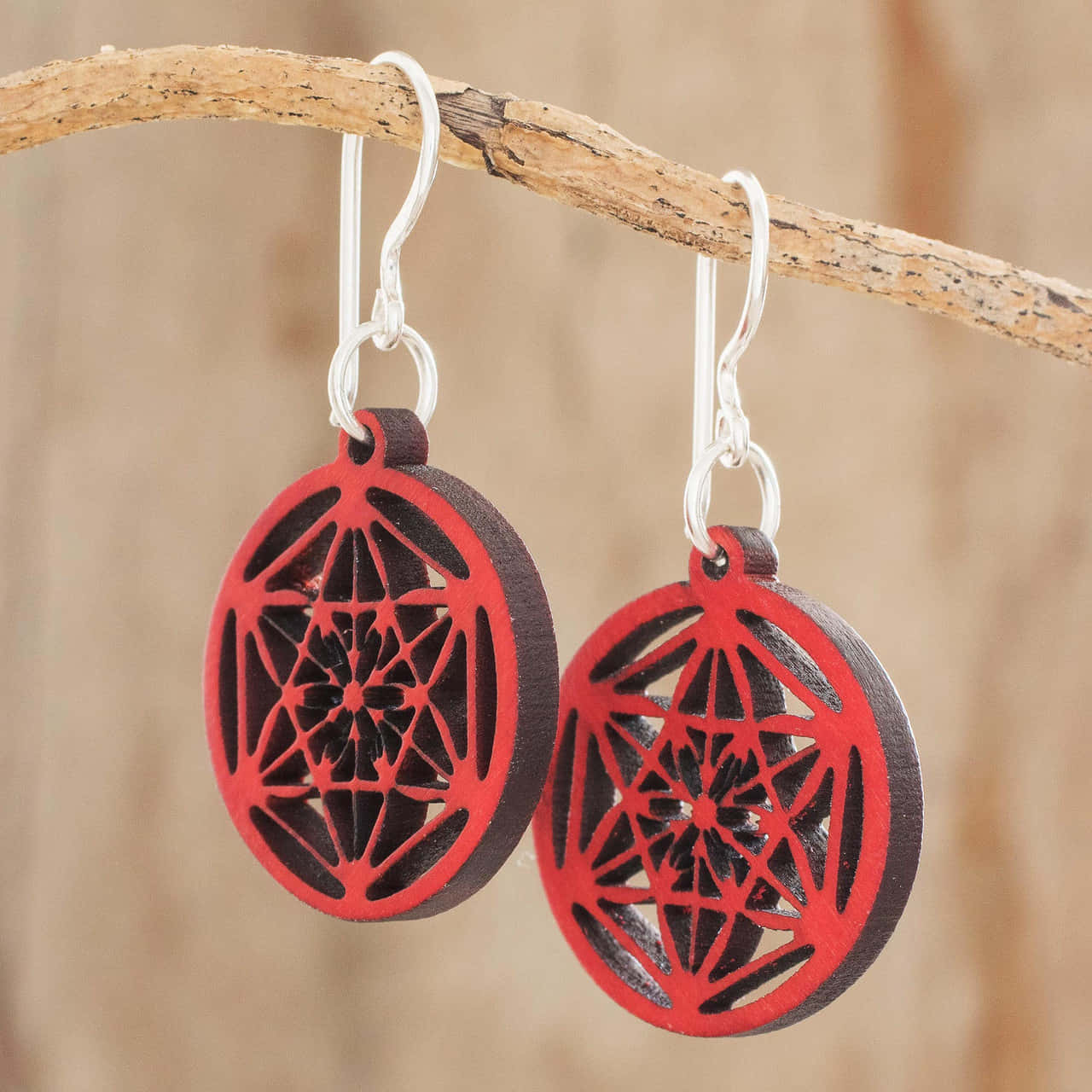 Thelema, red laser-cut wooden earrings, geometric patterns, HD Desktop Wallpaper
