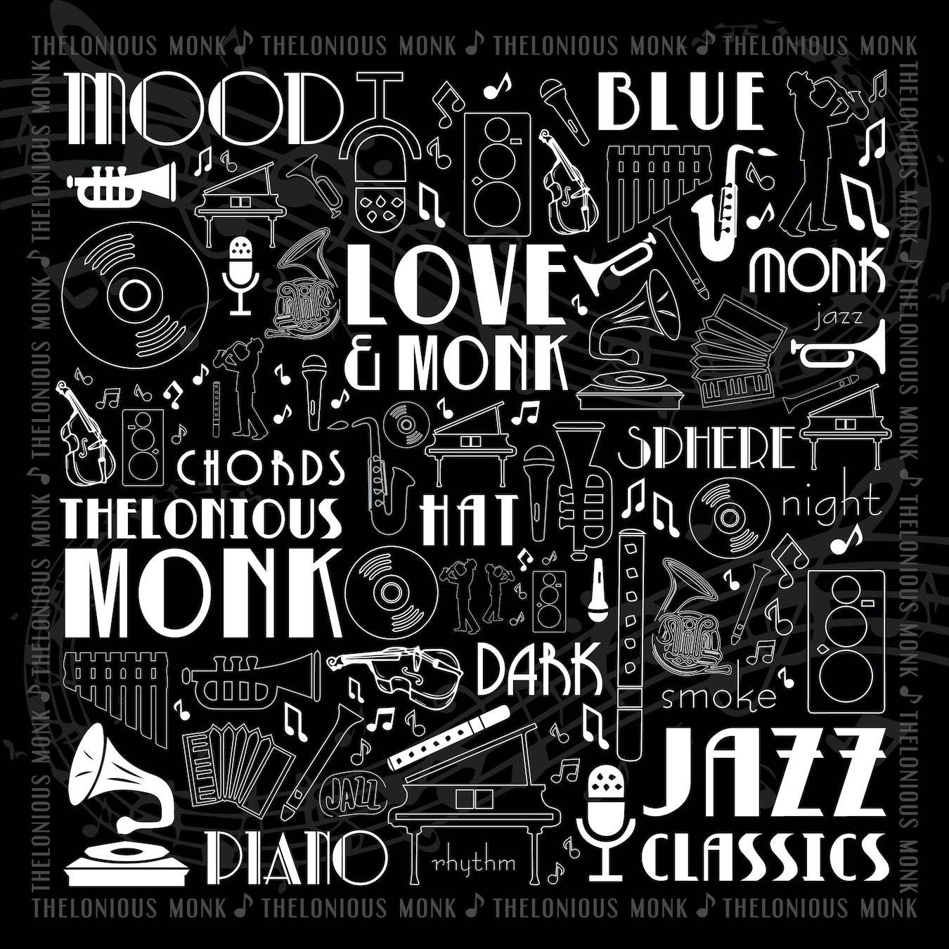 Thelonious Monk, jazz instruments, musical symbols, HD Desktop Wallpaper