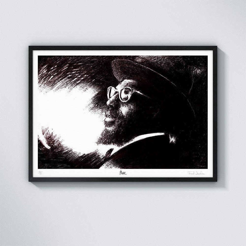 Thelonious Monk, charcoal artwork, black and white, SD Desktop Wallpaper