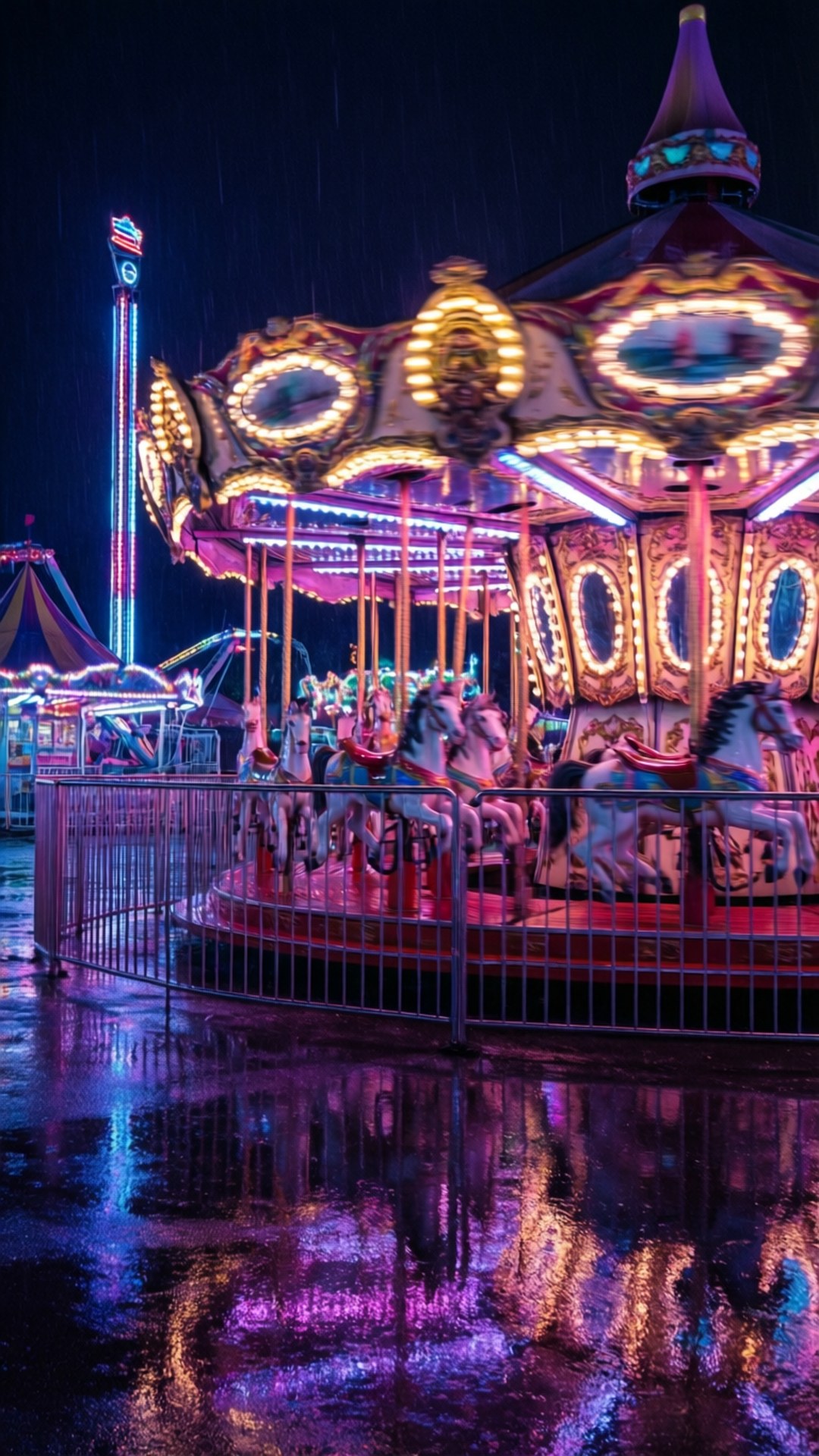 neon carousel, rain at night, wet pavement, Full HD Phone Wallpaper