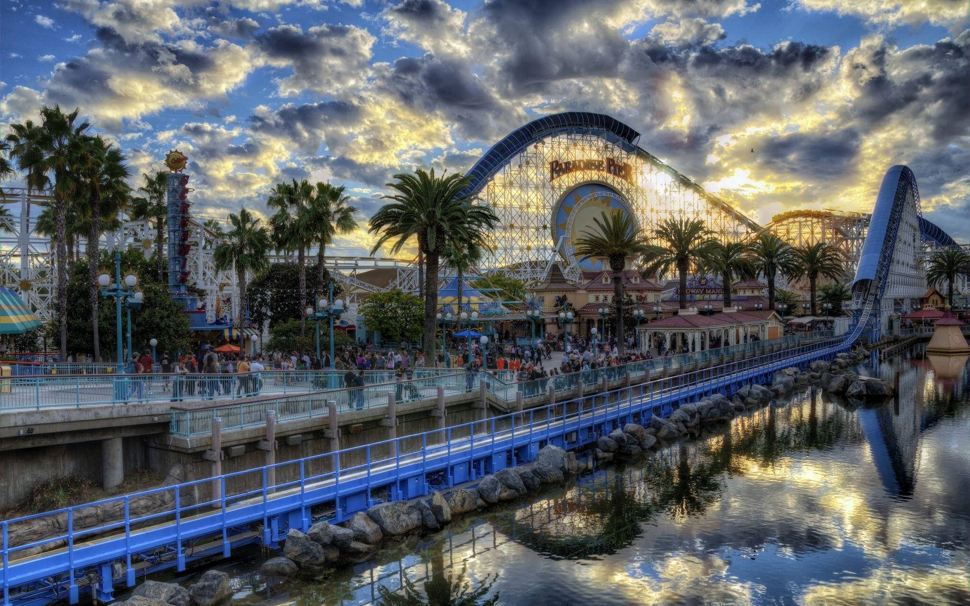Theme Park, sunset, roller coaster, Full HD Desktop Wallpaper