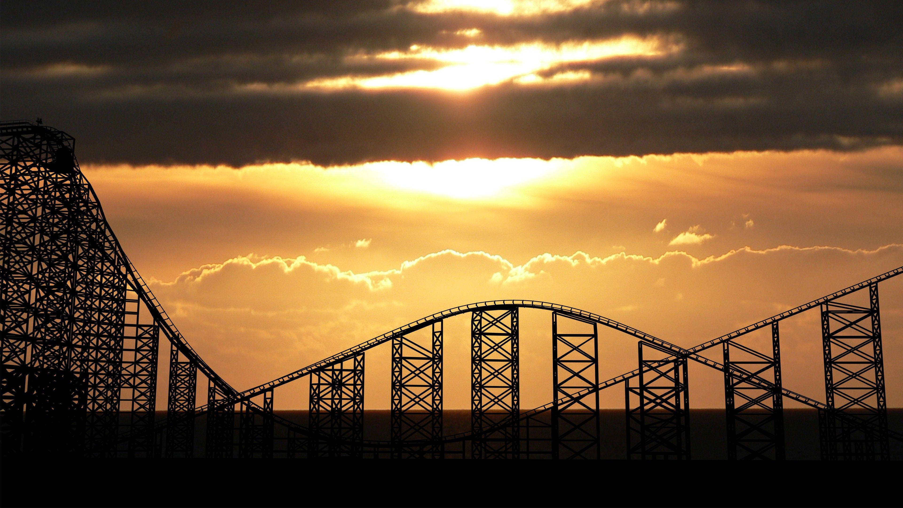 roller coaster, sunset sky, golden clouds, 4K Desktop Wallpaper