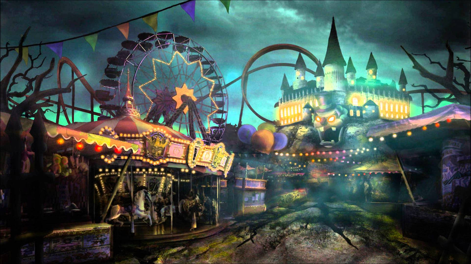 Spooky Abandoned Theme Park, carnival, glowing rides, Full HD Desktop Wallpaper
