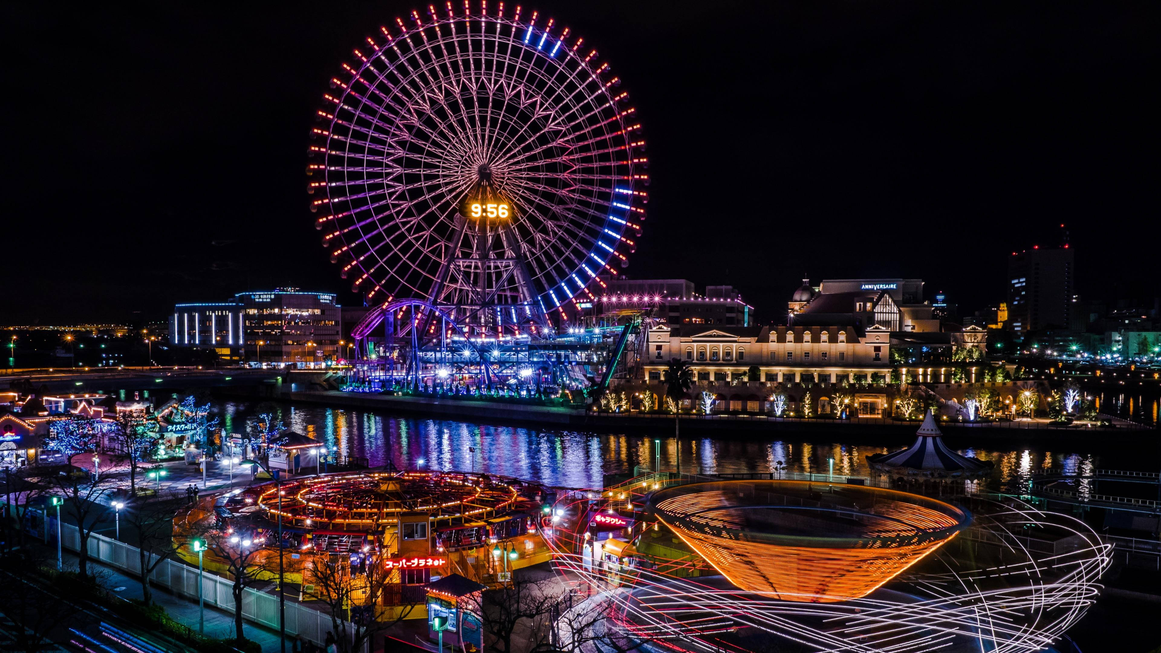 Neon Lights, Theme Park, Ferris wheel, 4K Desktop Wallpaper