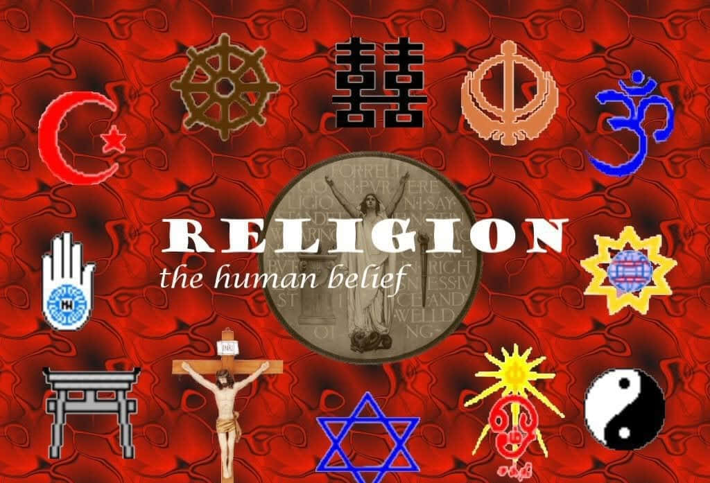 Theology, vibrant red textured background, diverse global religious symbols, SD Desktop Wallpaper