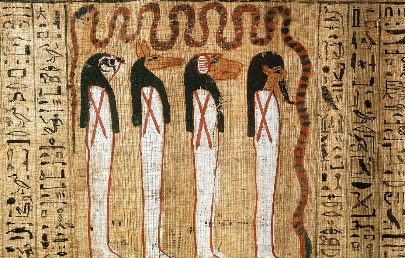 Theology, Ancient Egyptian papyrus scroll, four stylized human figures with animal heads, HD Desktop Wallpaper