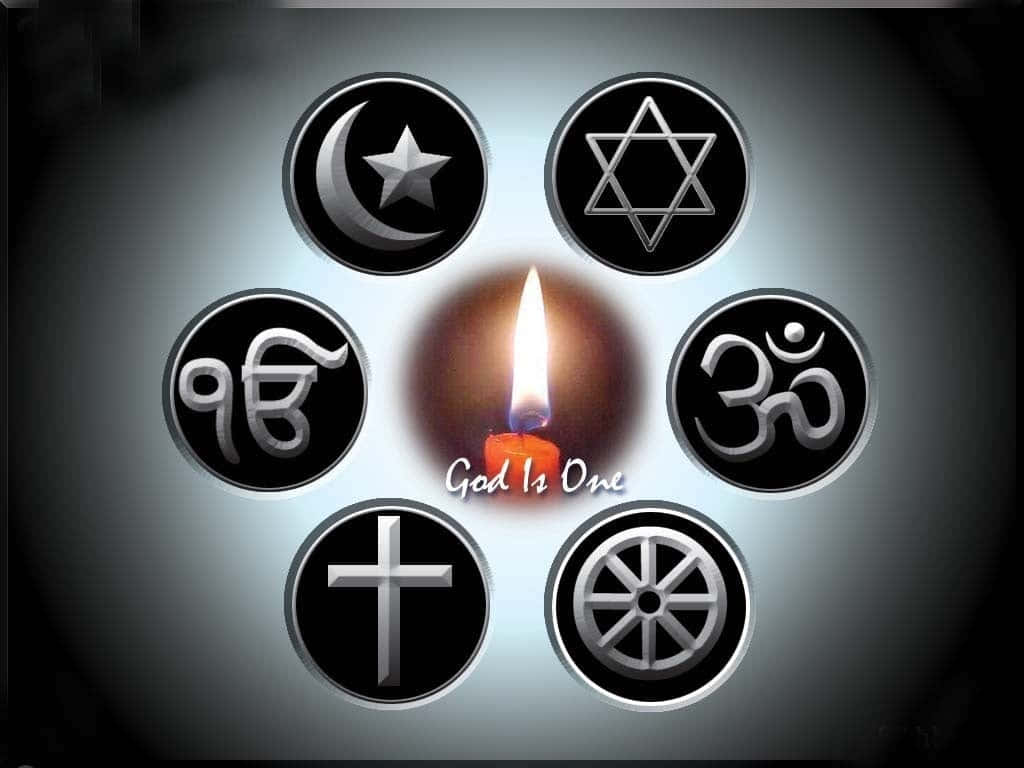 Theology, candle, six religious symbols, SD Desktop Wallpaper