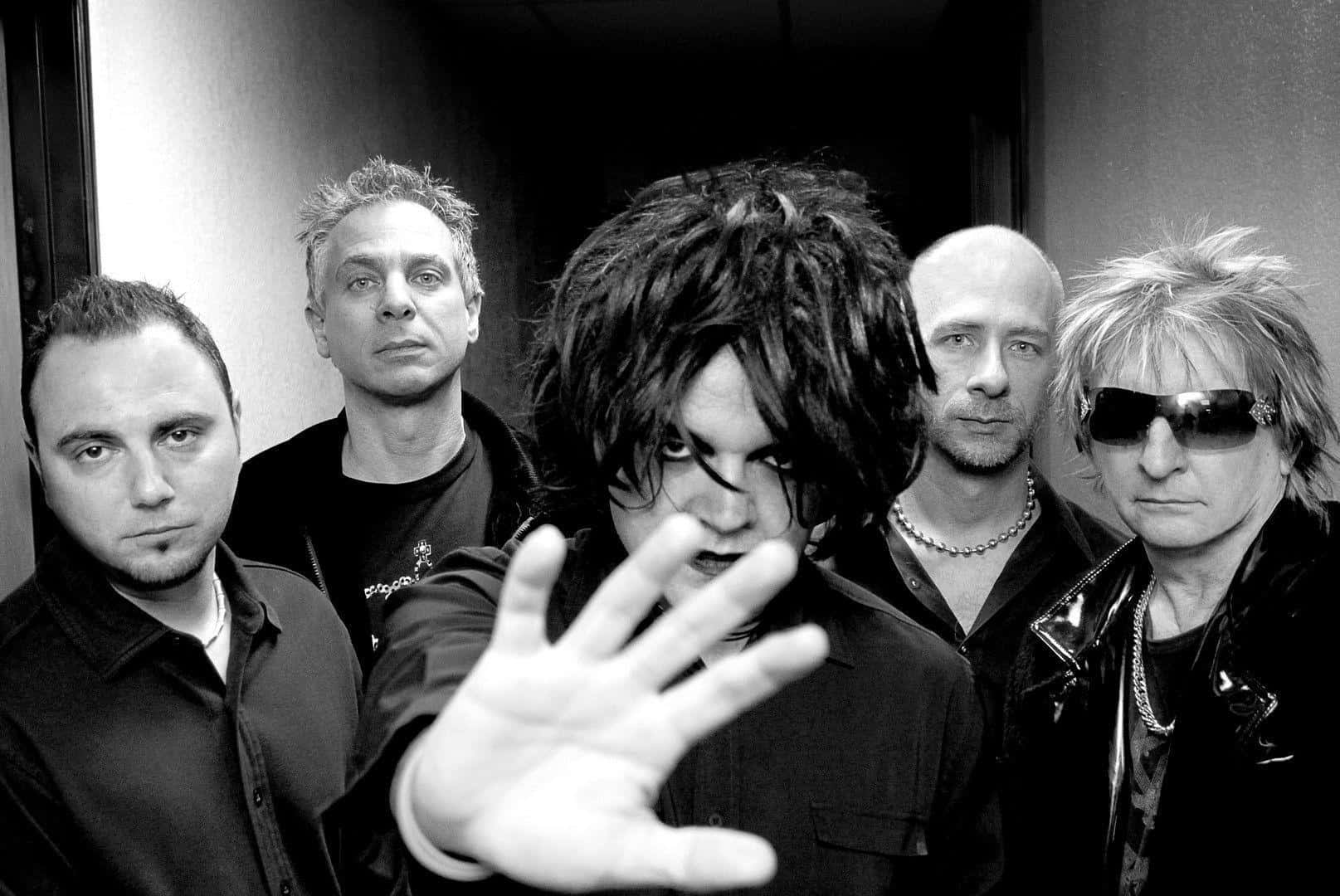 the cure, black and white photo, five men, HD Desktop Wallpaper