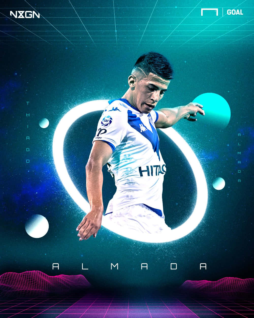 Thiago Almada, retro style poster, white and blue jersey, SD Phone Wallpaper