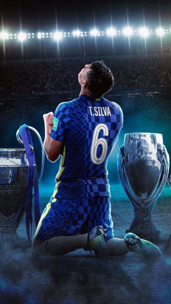 Thiago Silva, blue checkered jersey, championship cups, SD Phone Wallpaper