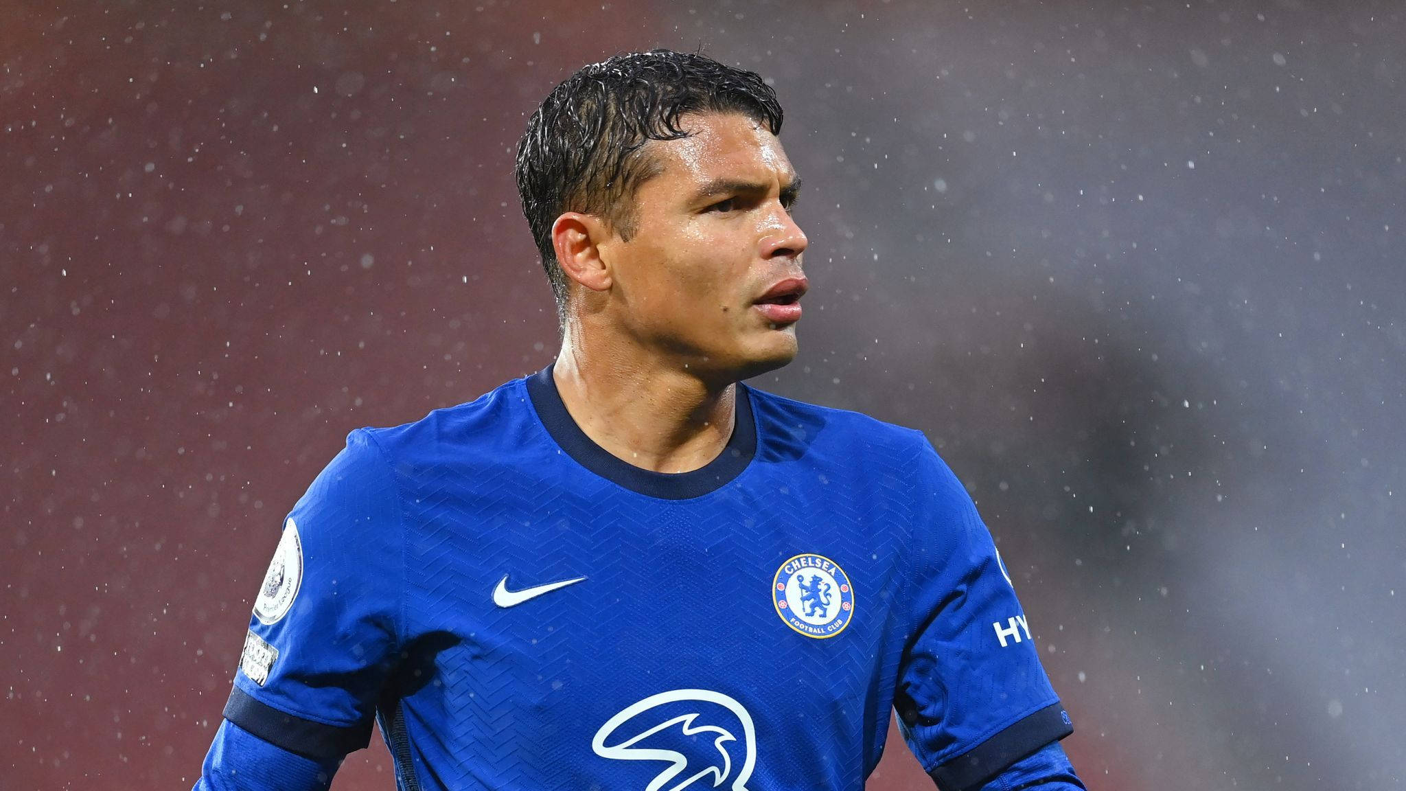 Thiago Silva, blue Chelsea jersey, rain, Full HD Desktop Wallpaper