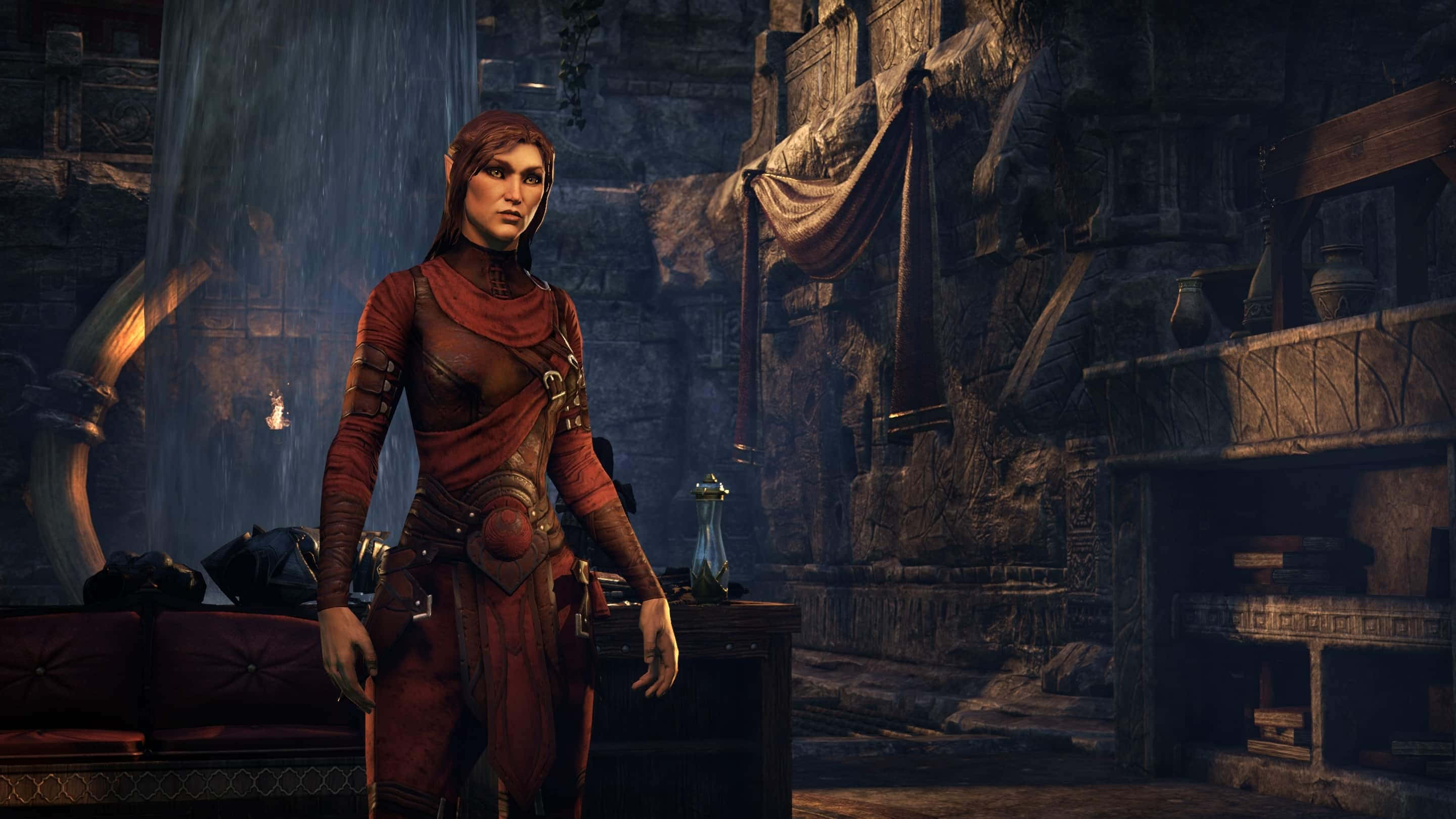Thieves Guild, female elf, red armor, 2K Desktop Wallpaper