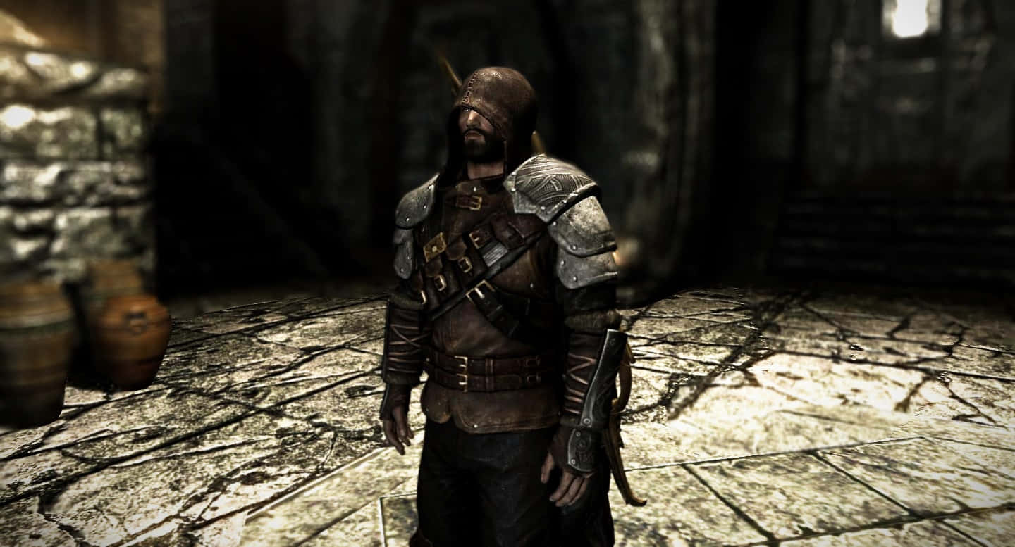 Thieves Guild, hooded armored warrior, dim stone dungeon, HD Desktop Wallpaper