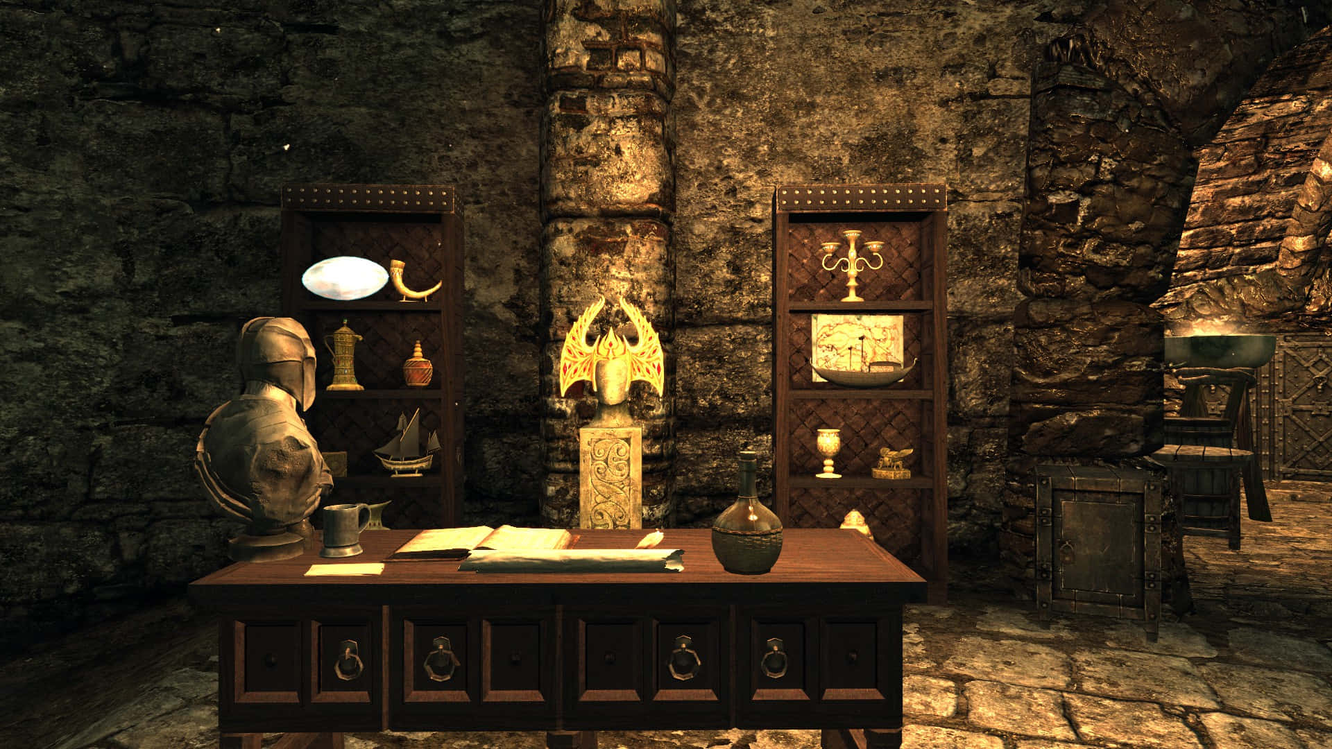 Thieves Guild, medieval stone study, wooden desk, Full HD Desktop Wallpaper