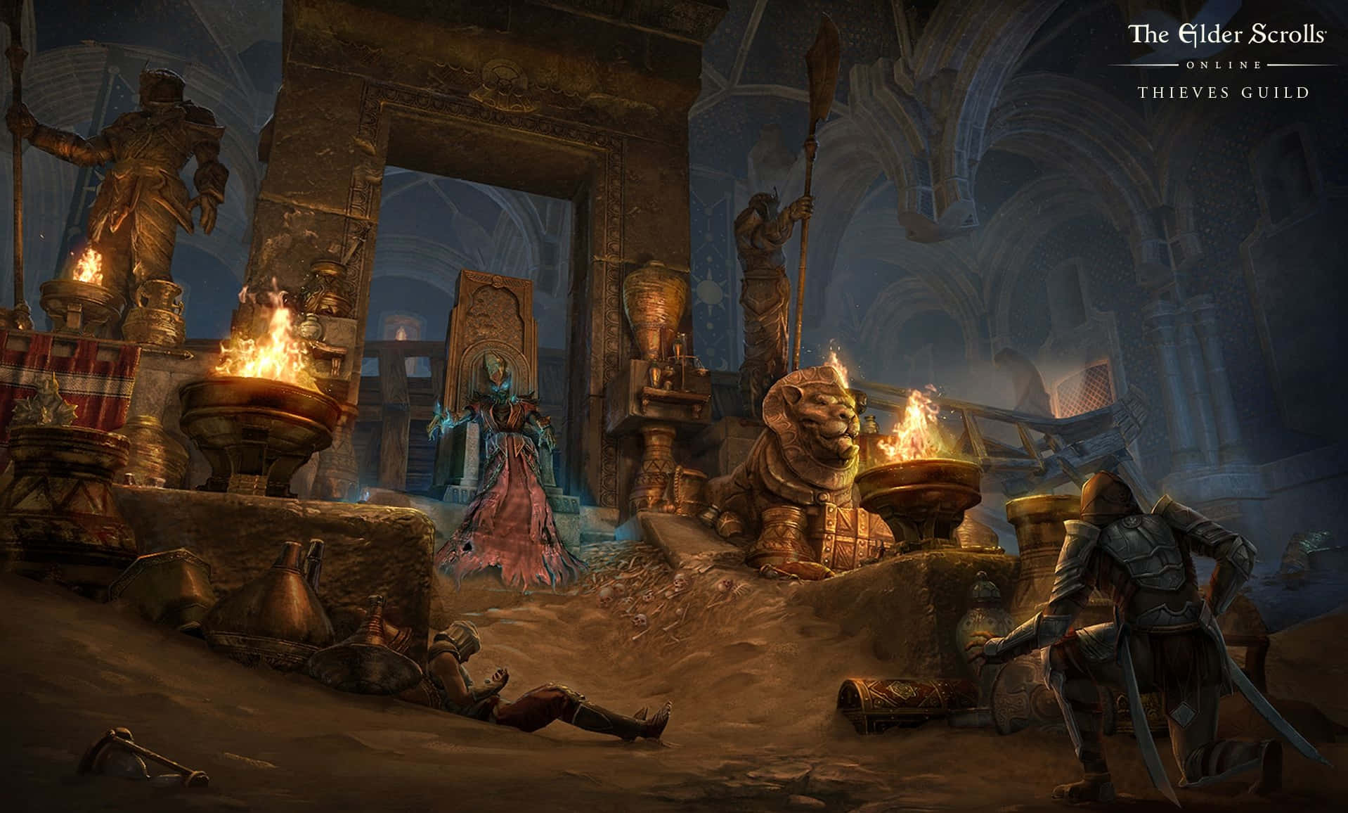 Thieves Guild, fantasy thieves guild hall, stone statues, HD Desktop Wallpaper