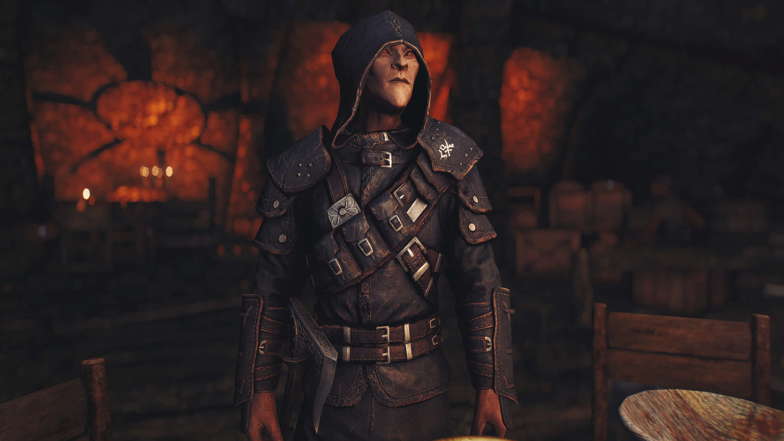 Thieves Guild, hooded armored warrior, dim candlelit tavern, 2K Desktop Wallpaper