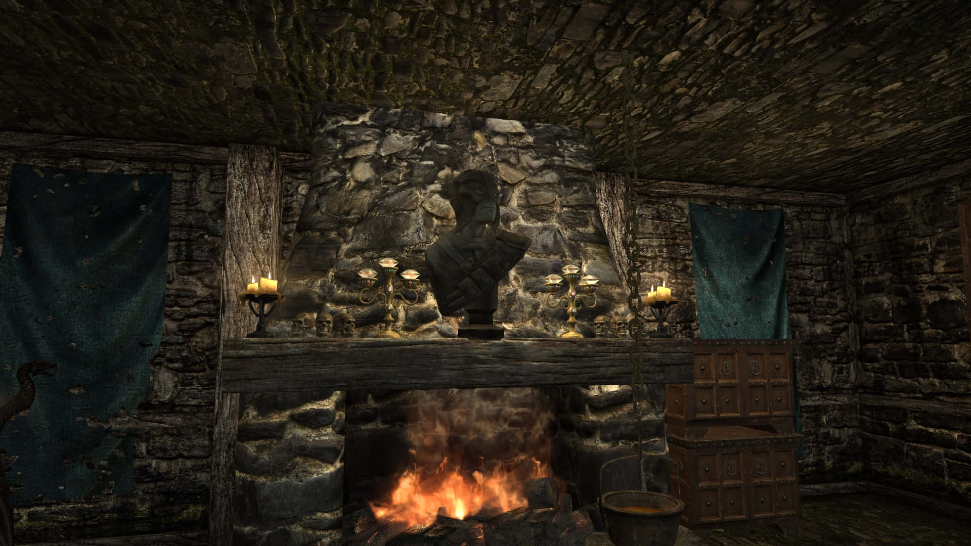 Thieves Guild, medieval stone fireplace, candlelit candelabras, Full HD Desktop Wallpaper
