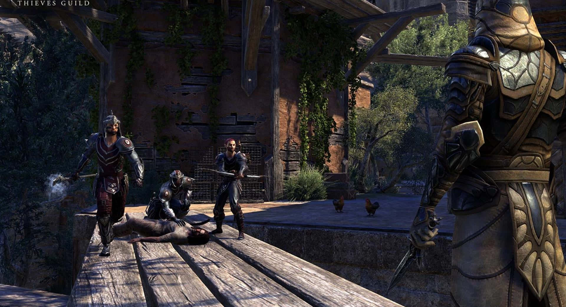 Thieves Guild, sunlit courtyard, wooden bridge, Full HD Desktop Wallpaper