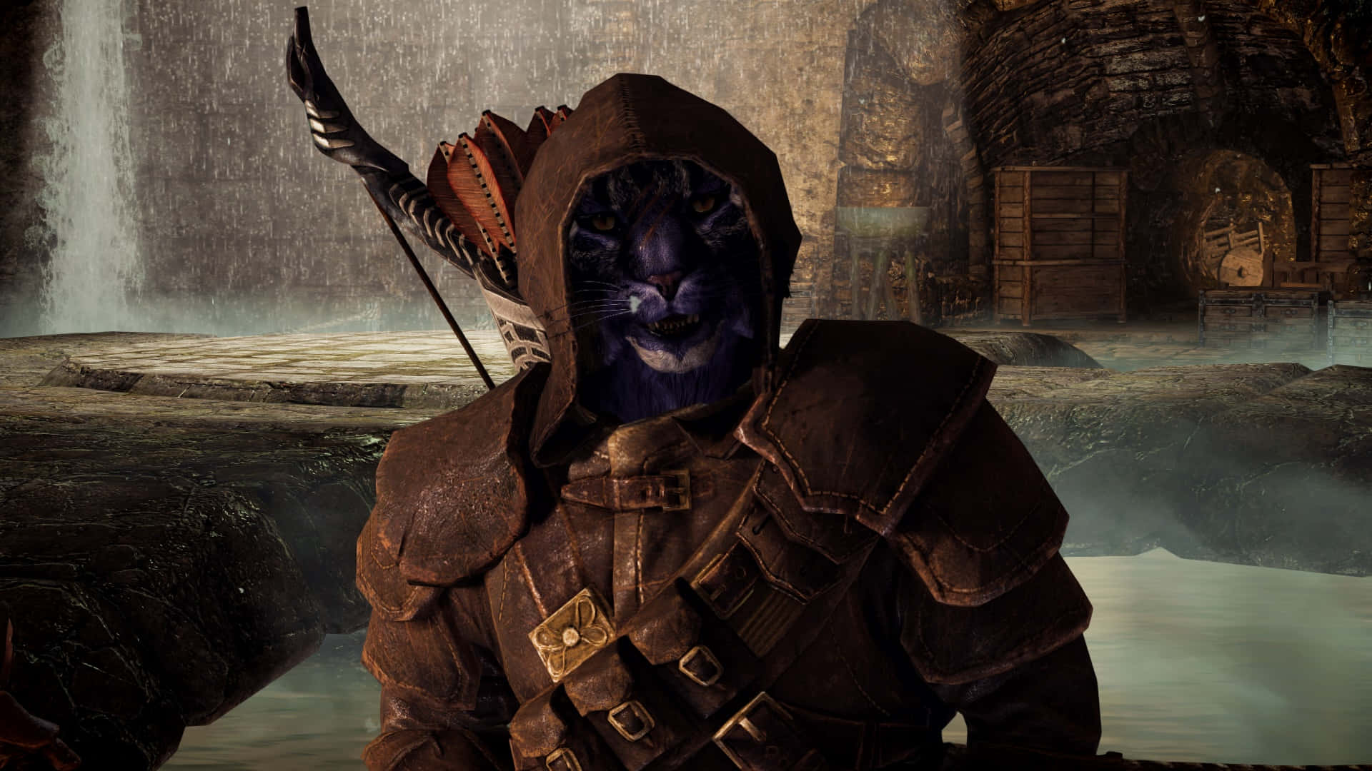 Thieves Guild, blue-skinned feline warrior, dark hooded armor, Full HD Desktop Wallpaper