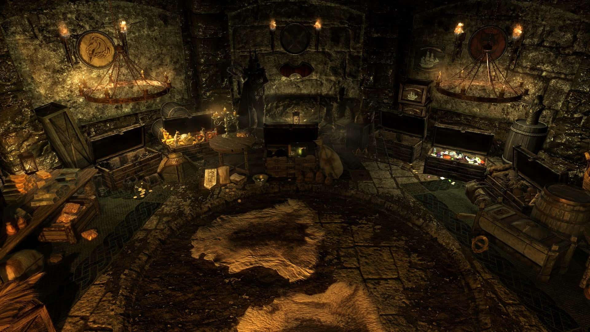 Thieves Guild, stone dungeon room, open treasure chests, Full HD Desktop Wallpaper