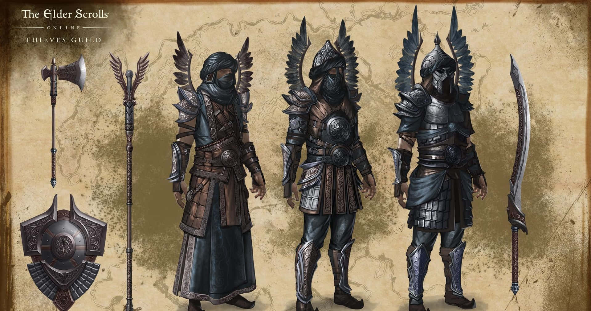 Thieves Guild, fantasy gear, parchment map background, HD Desktop Wallpaper