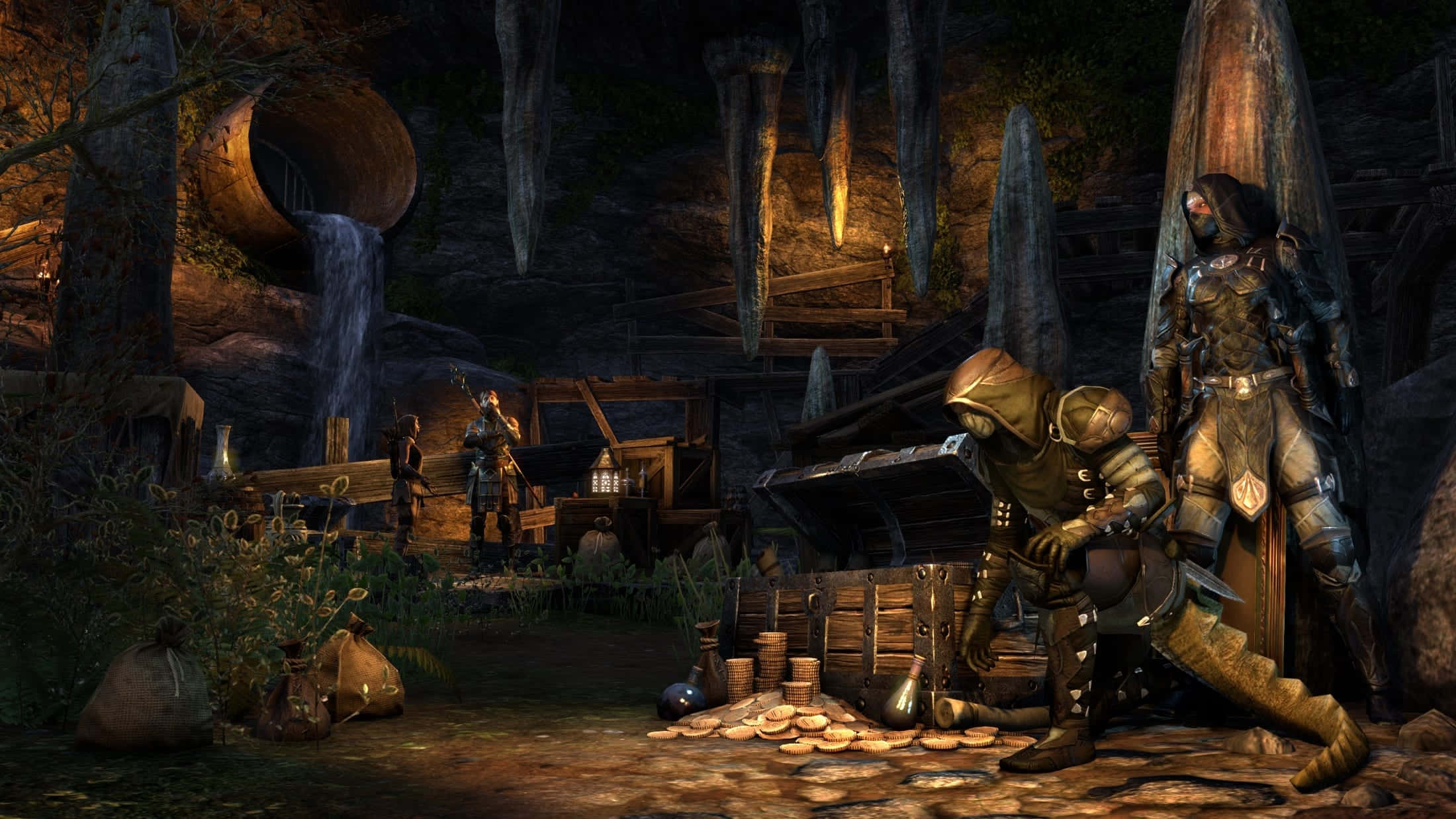 Thieves Guild, dim cave, treasure chest, Full HD Desktop Wallpaper