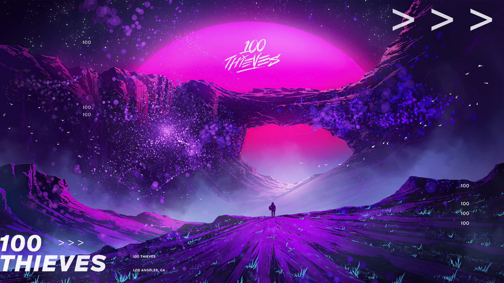 100 Thieves, glowing purple path, massive pink moon, Full HD Desktop Wallpaper