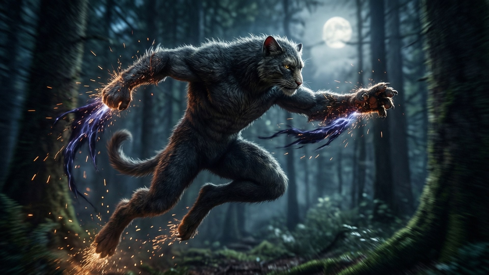 Thievul, moonlit forest, energy trails, Full HD Desktop Wallpaper