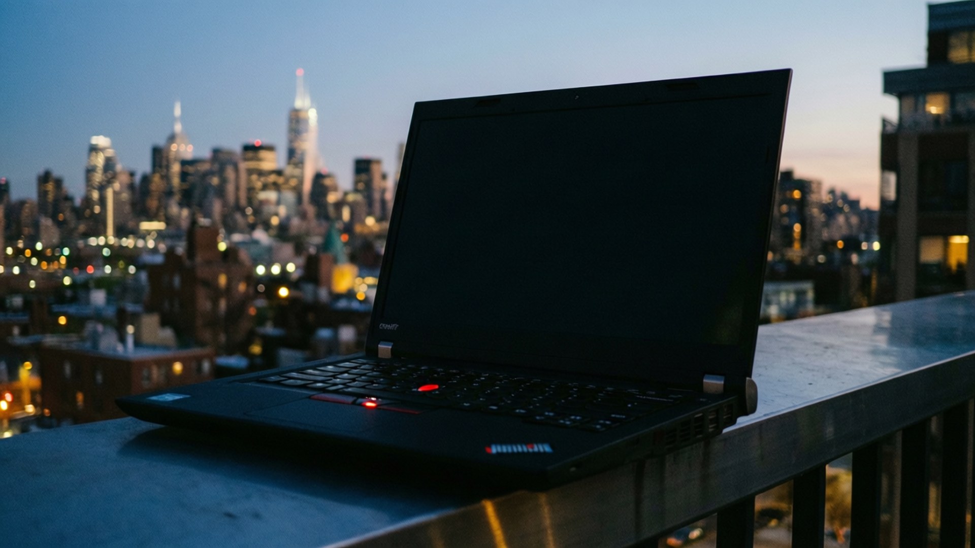 Thinkpad, rooftop, city lights, Full HD Desktop Wallpaper