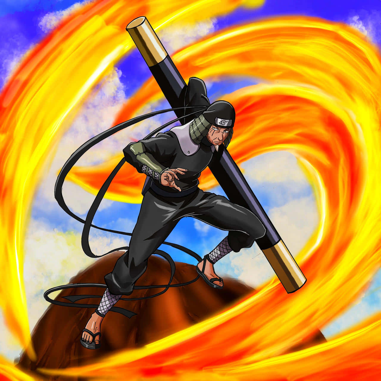 Third Hokage, giant staff, swirling fiery energy, HD Desktop Wallpaper