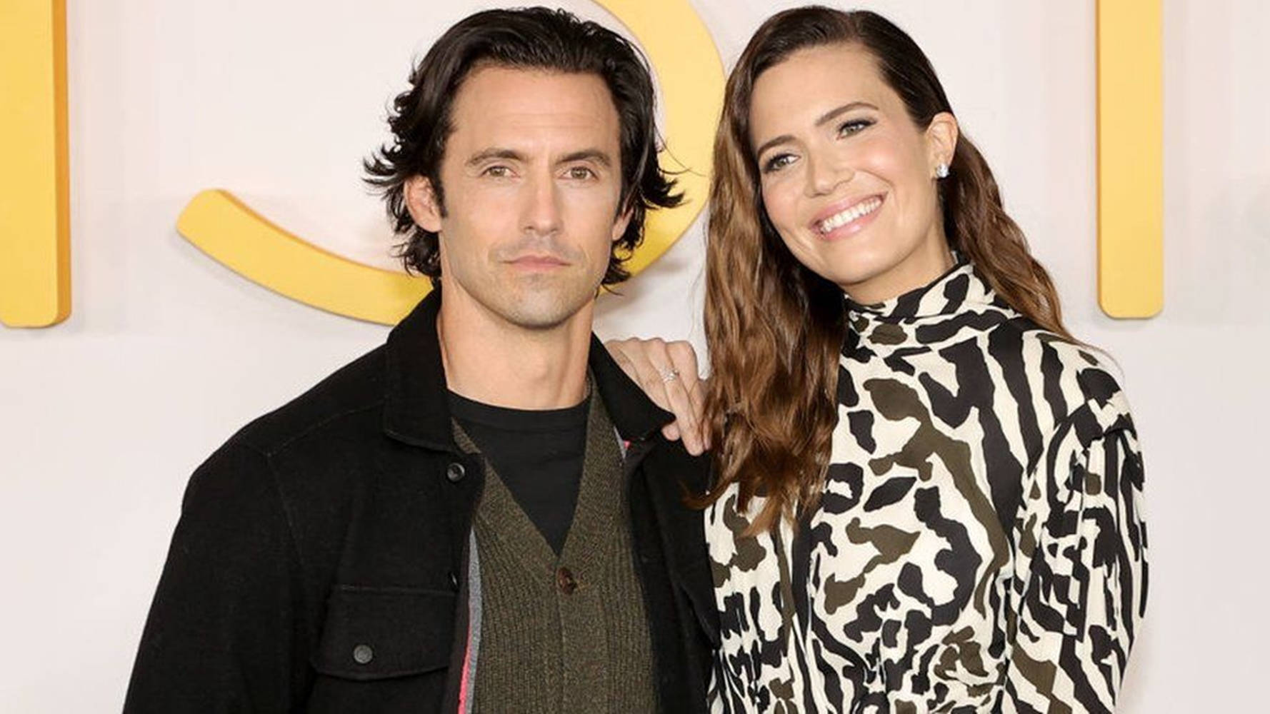 This Is US, fictional couple characters, bright yellow logo backdrop, HD Desktop Wallpaper