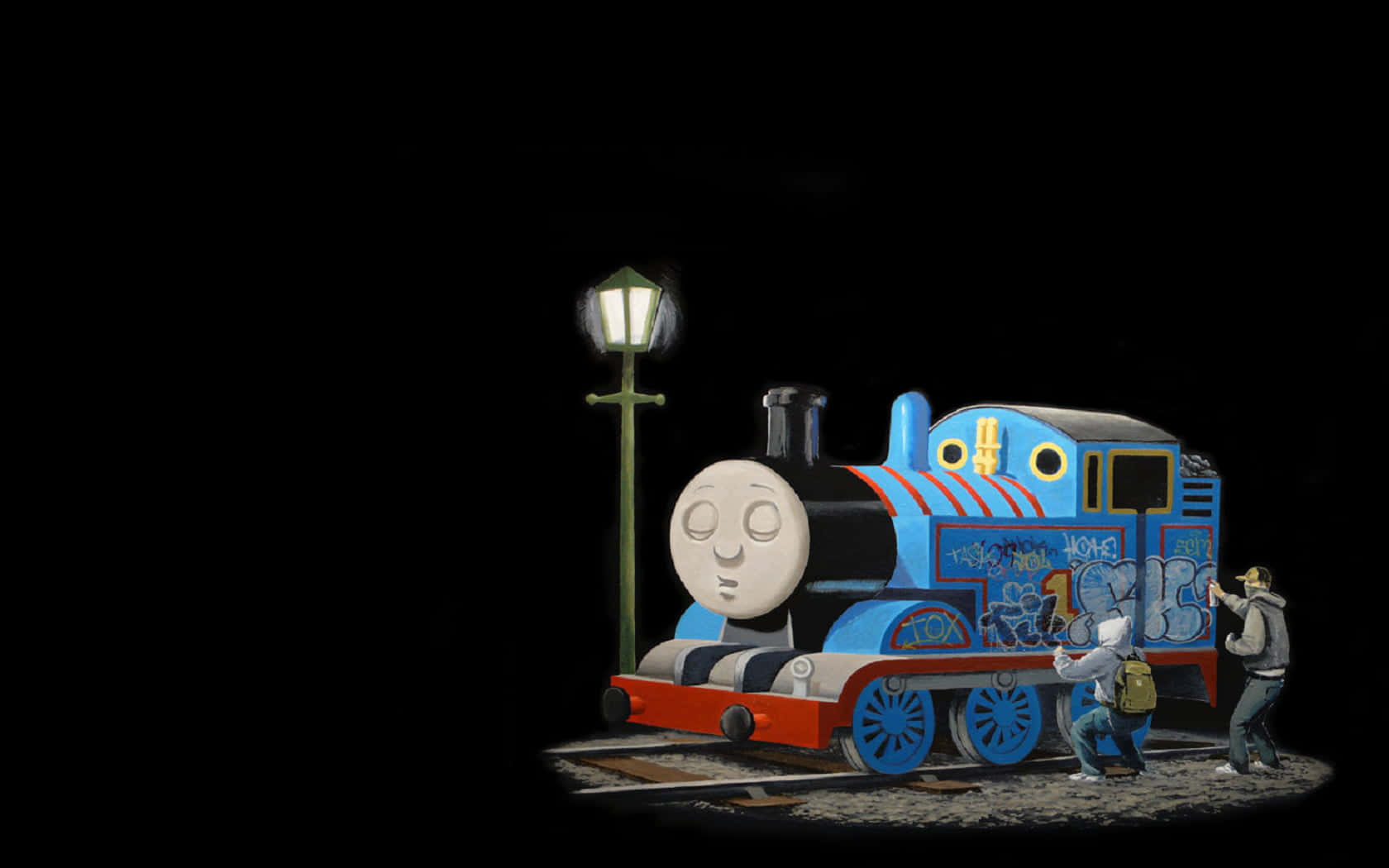 Thomas And Friends, blue cartoon train, spray paint graffiti, HD Desktop Wallpaper