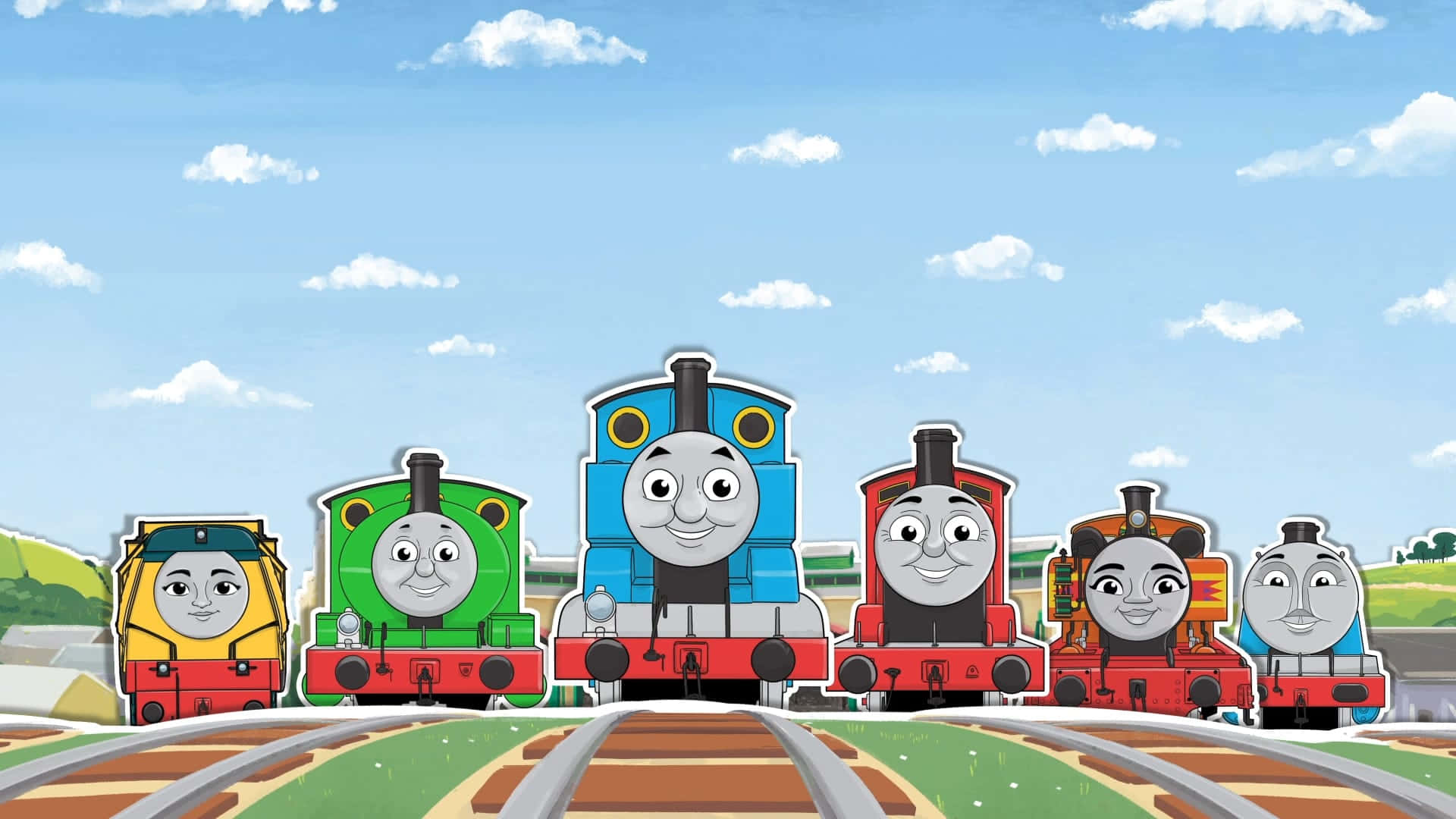Thomas And Friends, front view, cartoon trains, Full HD Desktop Wallpaper