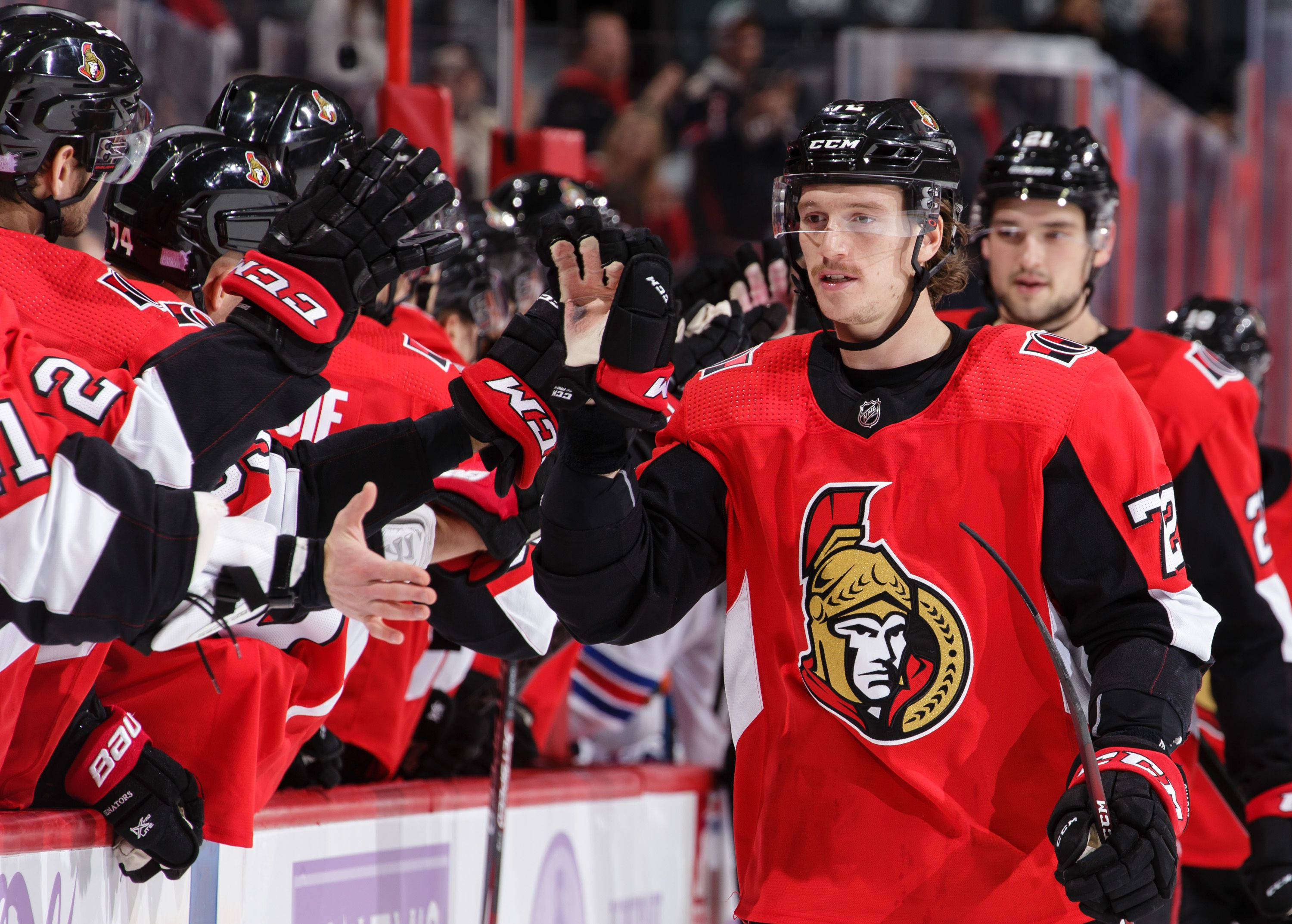 Thomas Chabot, red and black jerseys, ice rink, 2K Desktop Wallpaper