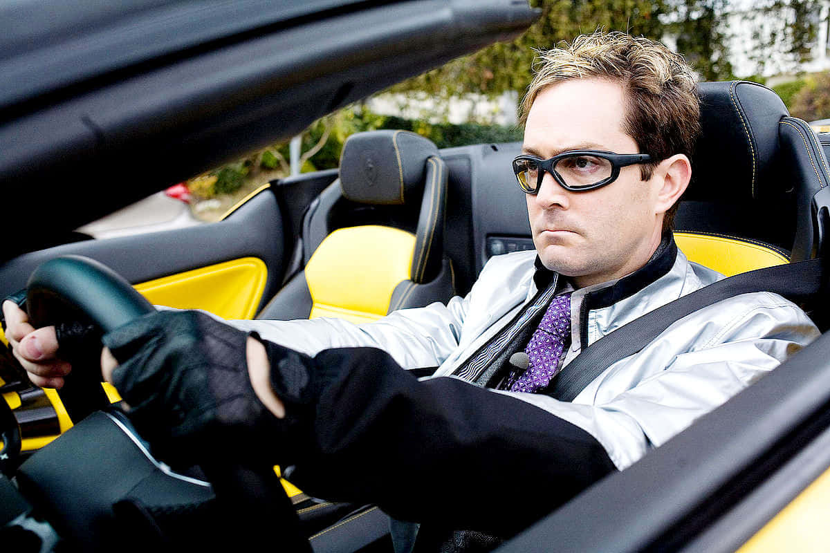 Thomas Lennon, silver jacket, yellow and black convertible sports car, SD Desktop Wallpaper