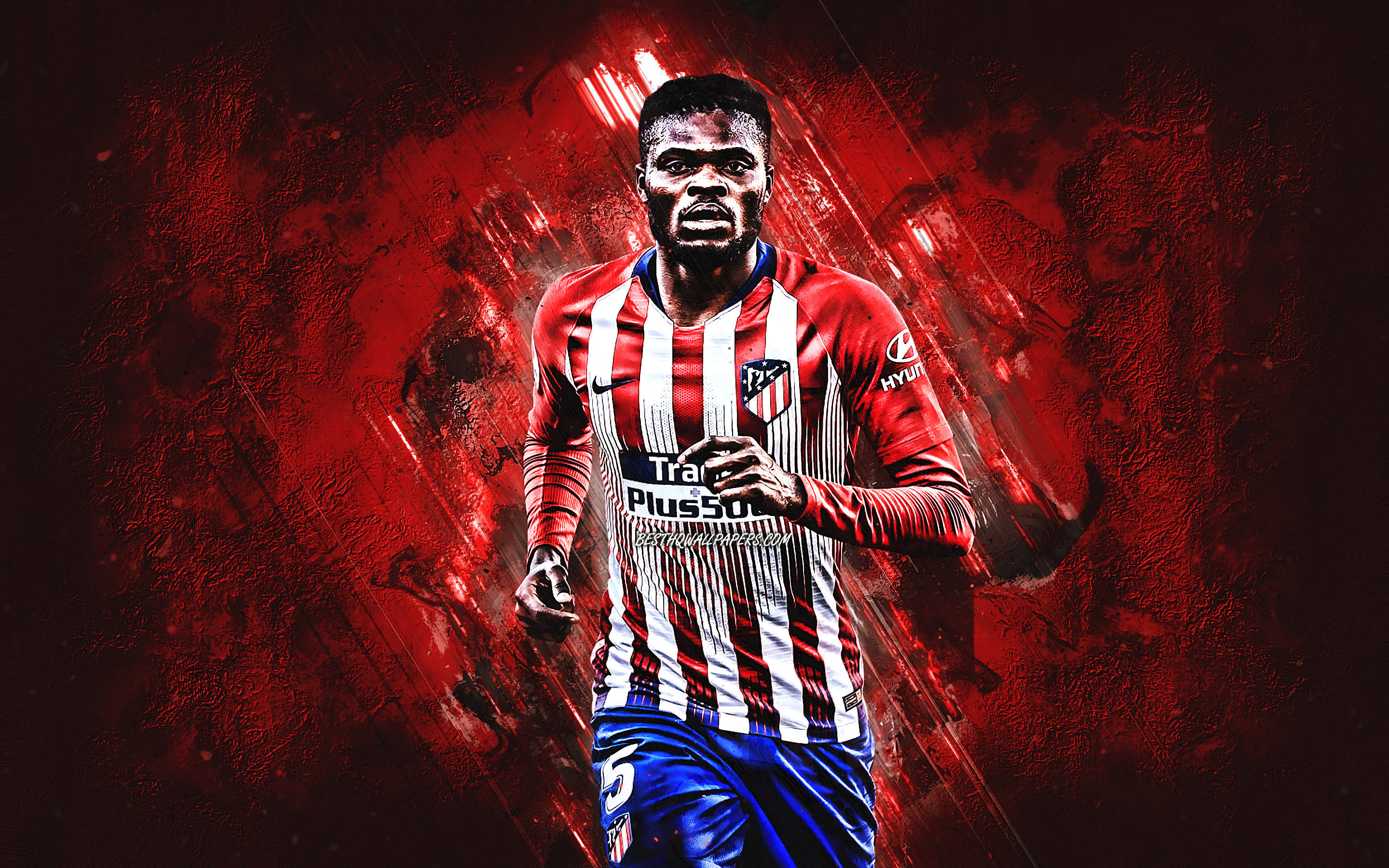 Thomas Partey, red and white striped jersey, dynamic red textured background, 2K Desktop Wallpaper