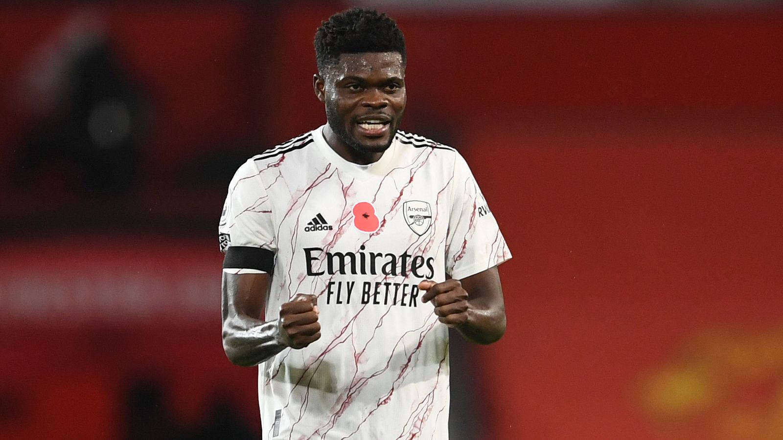 Thomas Partey, white jersey, red poppy, HD Desktop Wallpaper