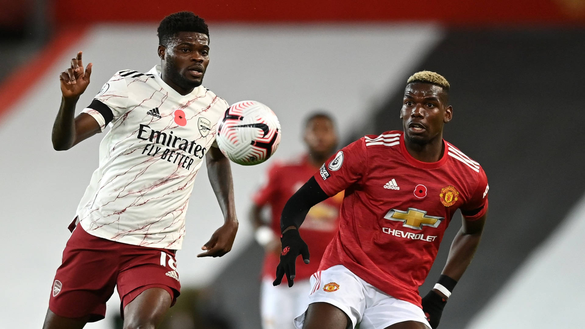 Thomas Partey, red and white kits, night match, Full HD Desktop Wallpaper