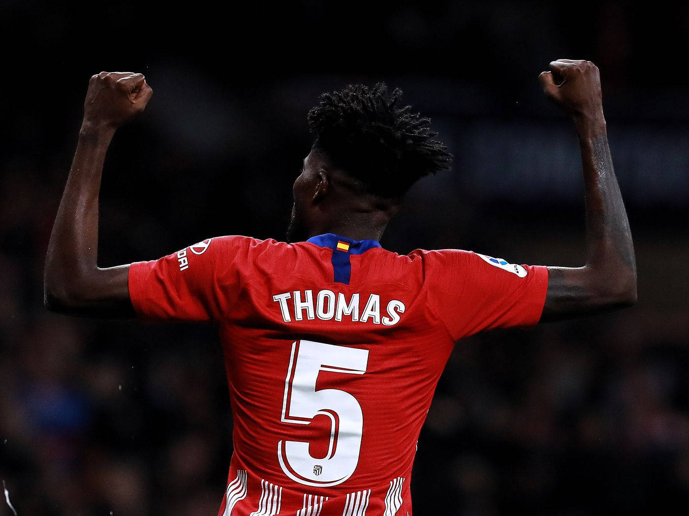 Thomas Partey, red jersey, number 5, HD Desktop Wallpaper