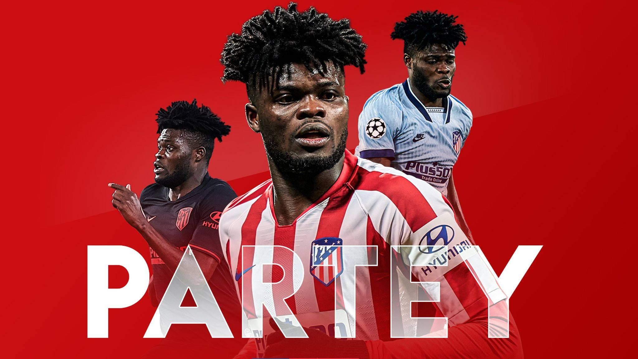 Thomas Partey, red and white striped jerseys, bold red background, Full HD Desktop Wallpaper