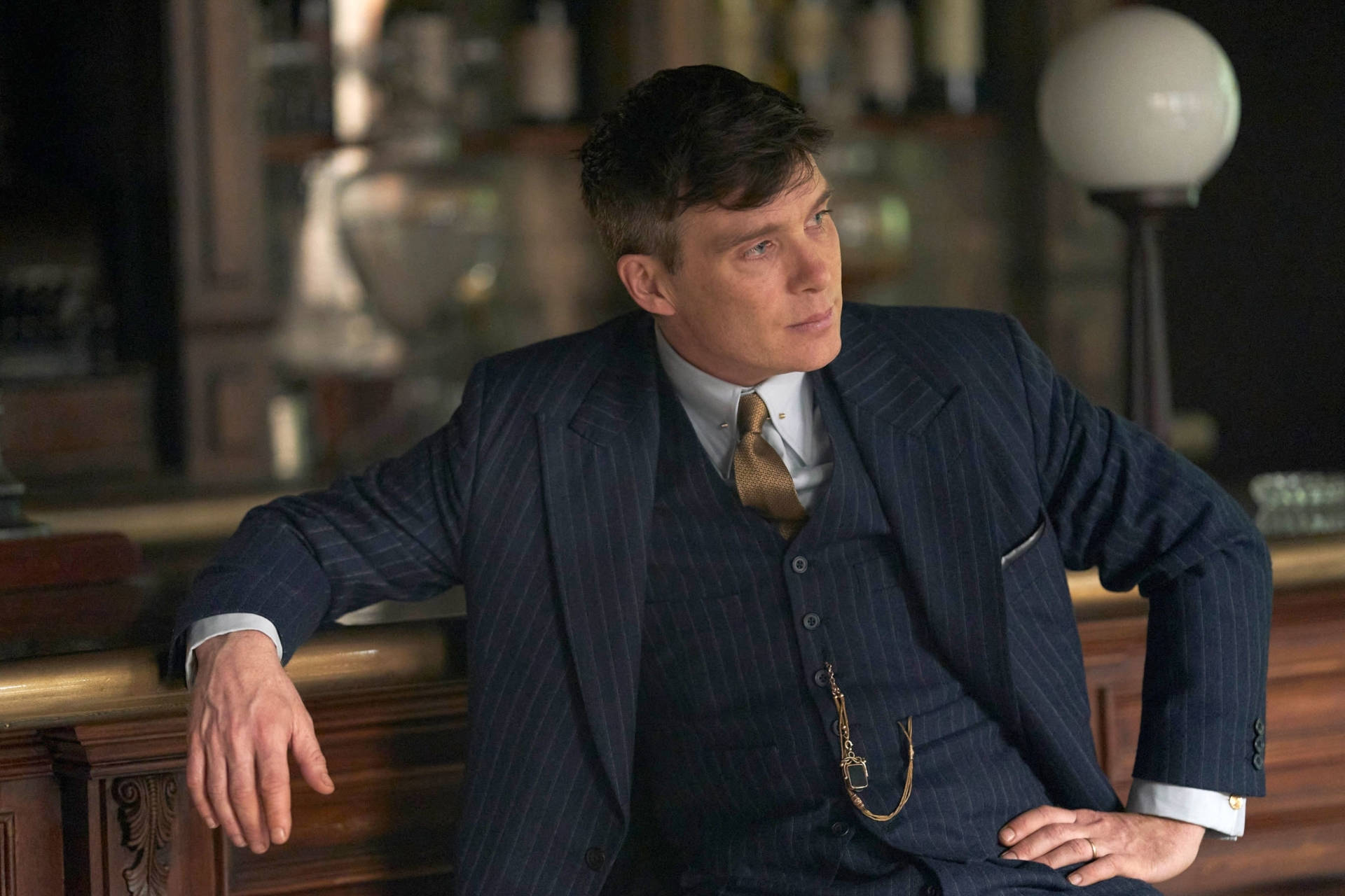 Thomas Shelby, pinstripe suit, wooden bar, Full HD Desktop Wallpaper