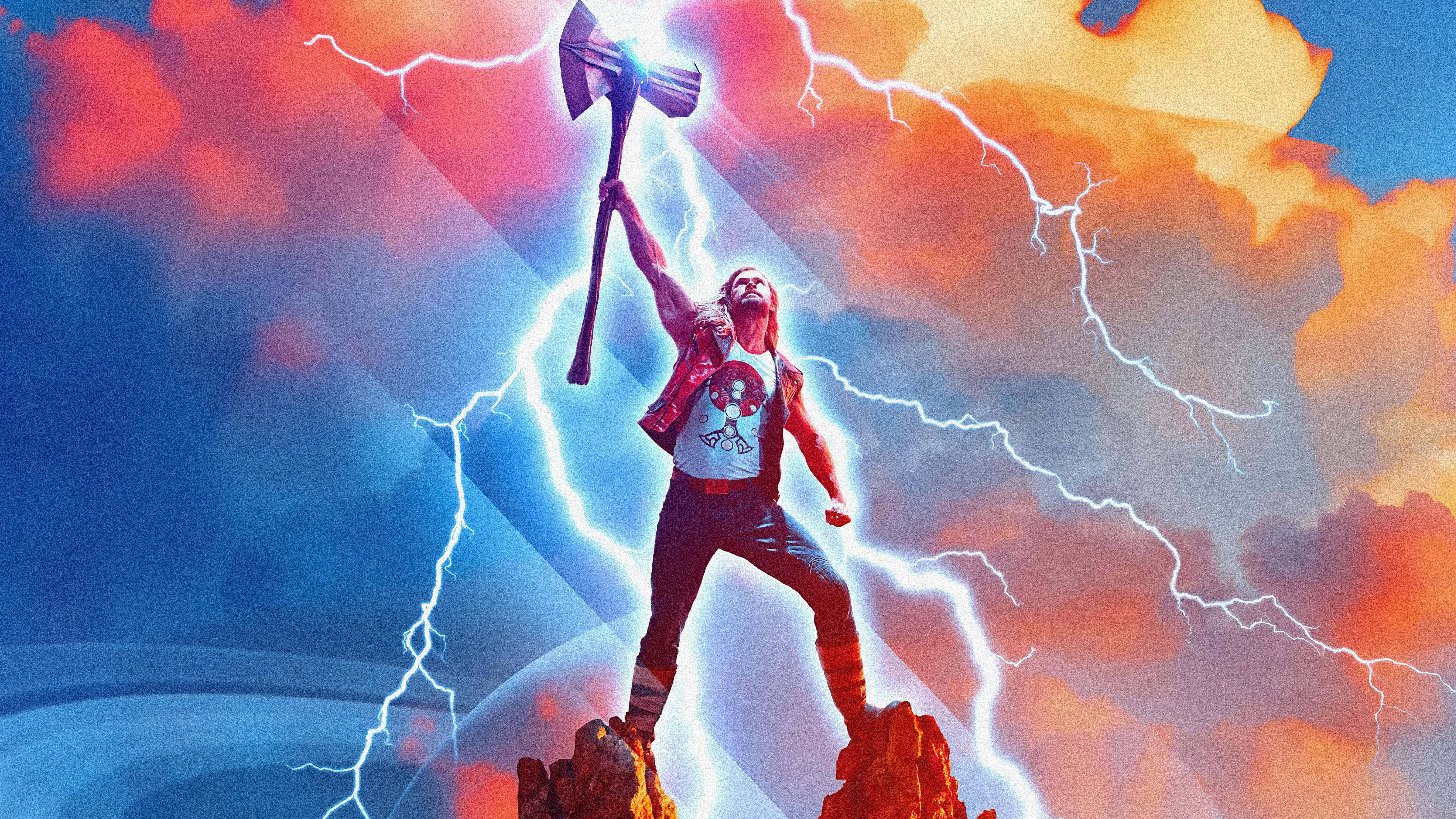 Thor Love And Thunder, glowing axe, lightning strikes, 8K Desktop Wallpaper