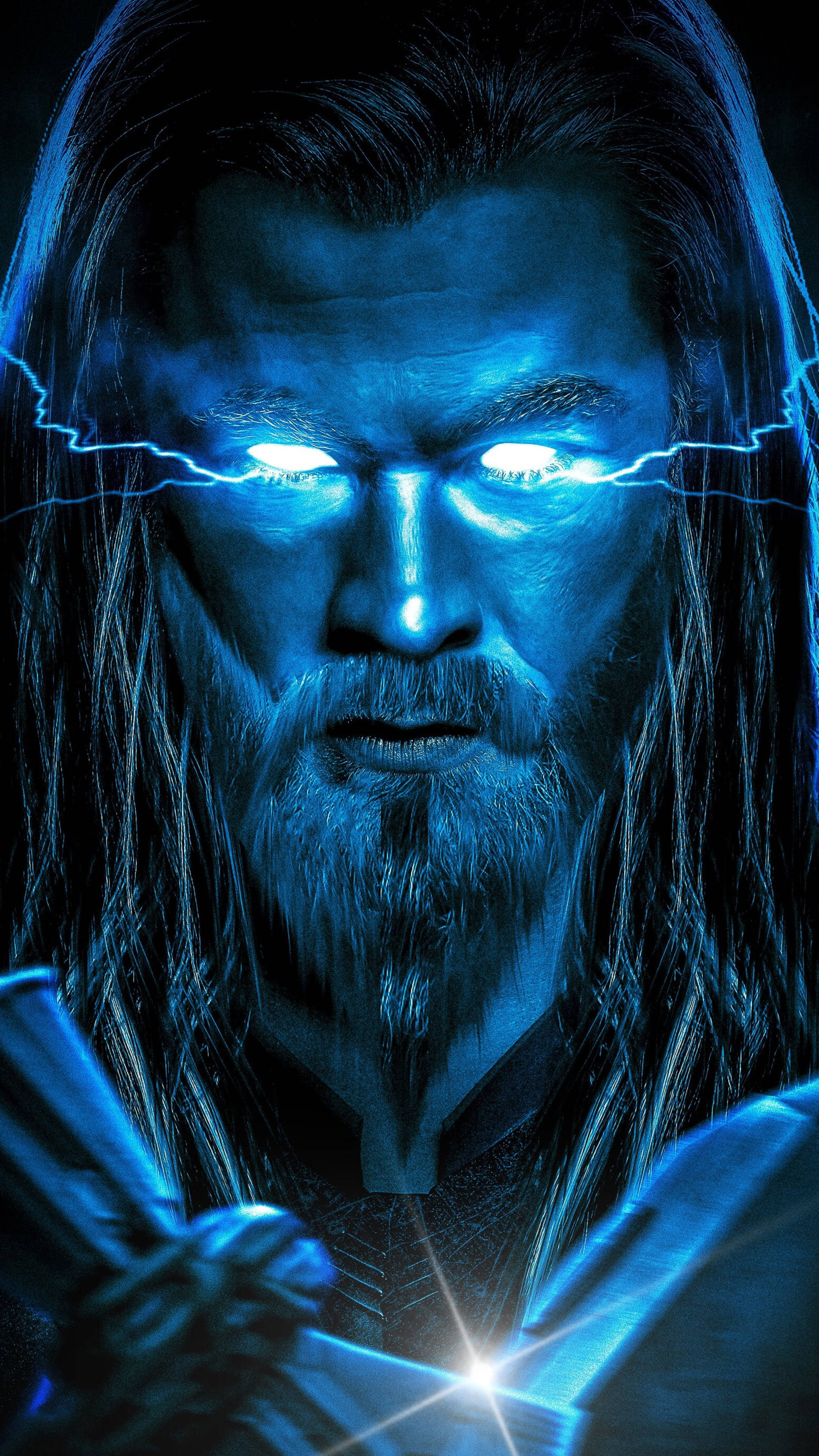Thor, glowing blue eyes, lightning crackling, 4K Phone Wallpaper